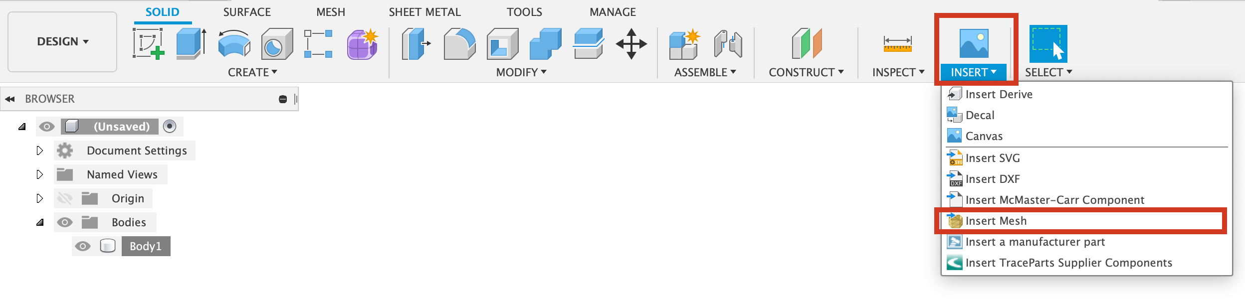 Fusion 360 Help, Insert a mesh body