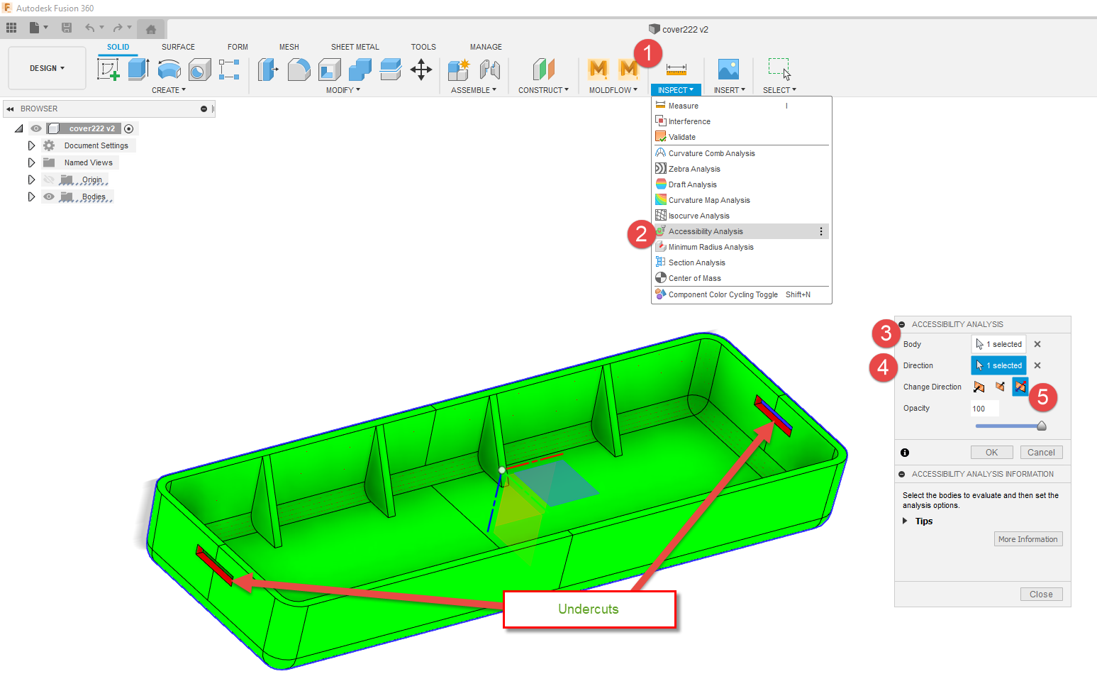 检查Moldflow中的投影面积以排除倒扣面