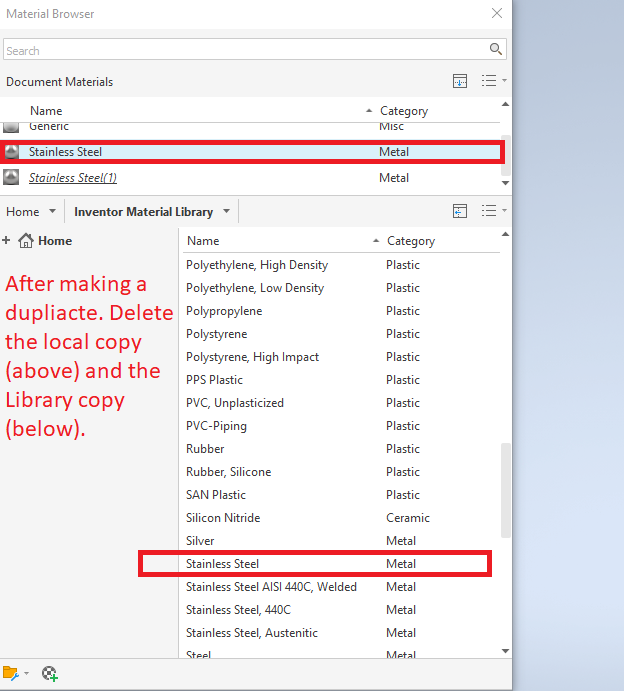 How to rename materials in all capitals in Inventor