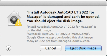 Install Autodesk AutoCAD LT 20xx for Mac.app is damaged and can't