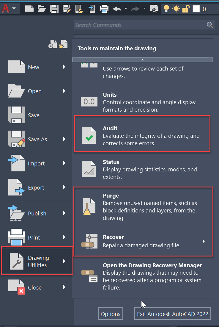 Optimizing drawing files in AutoCAD with Purge, Audit & Recover