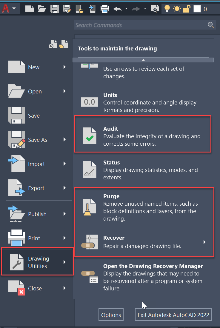 Optimizing Drawing Files In Autocad With Purge Audit Recover