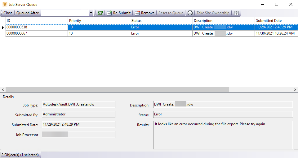 "ファイルのエクスポート中にエラーが発生したようです。もう一度試してください。" Vault ClientまたはJob Processorを