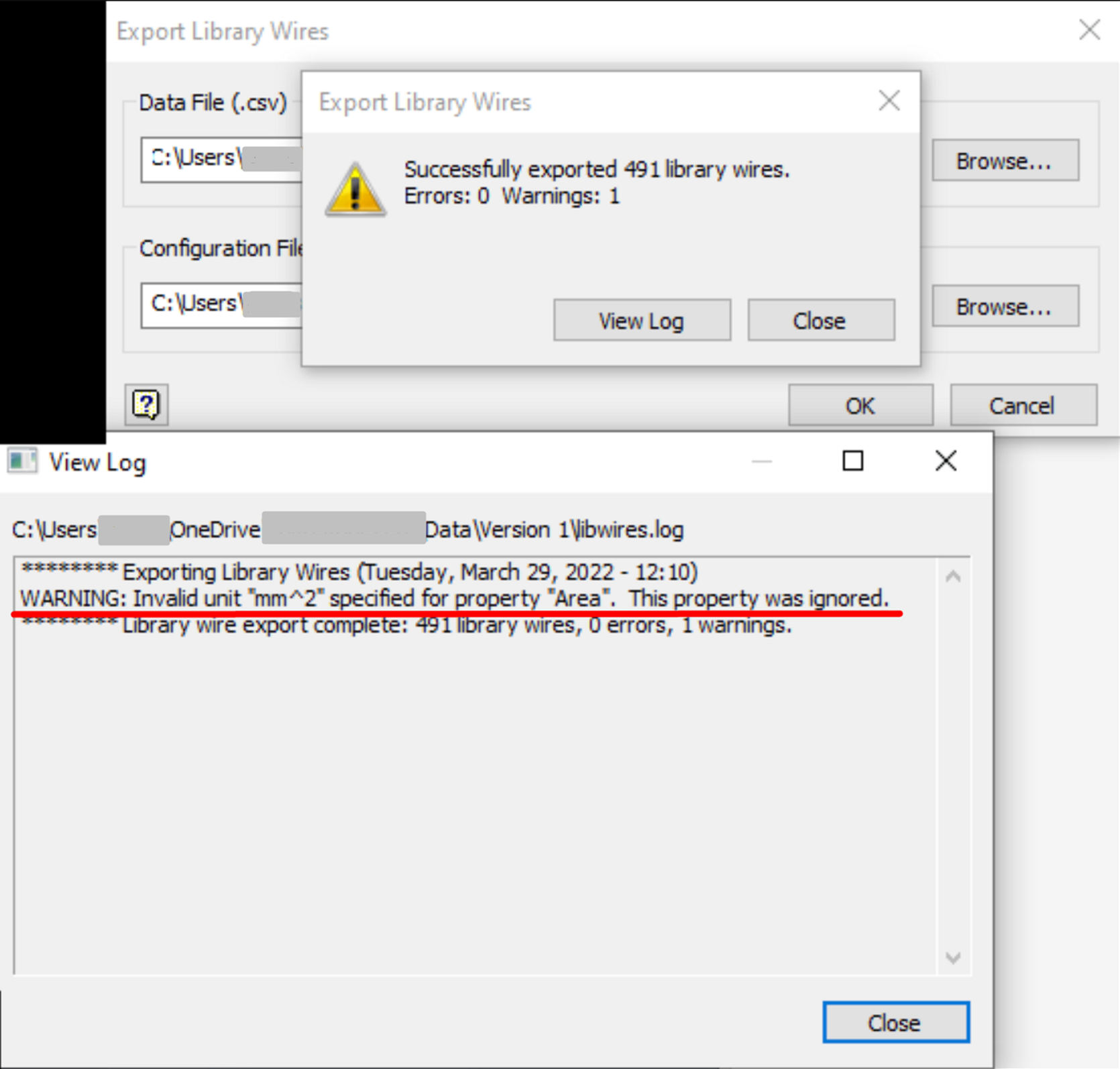 The units of Area are ignored when exporting Cable & Harness Library in