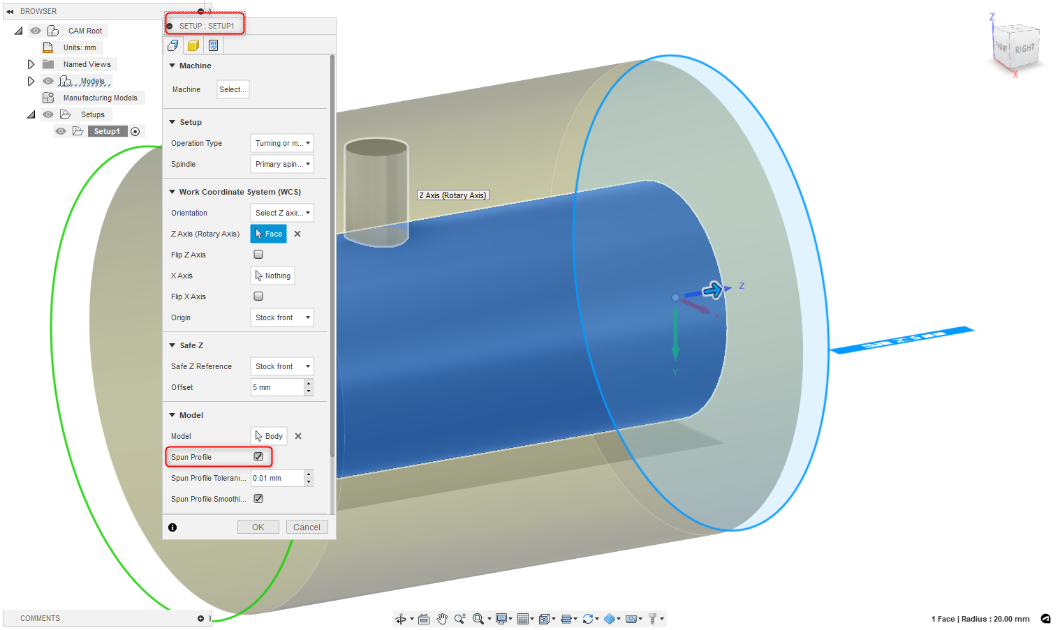 Cómo crear un perfil de giro de CAM en Fusion 360.