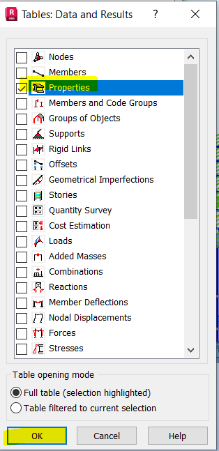How to present list of section with section properties used for model ...