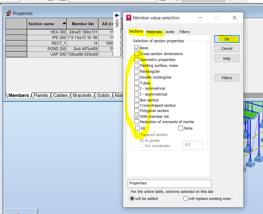 Comment présenter la liste des sections avec les propriétés de section