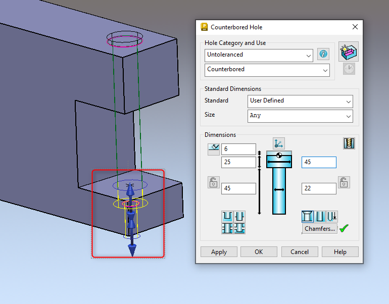Getting incorrect "Counterbored Hole" cut through entire CAD Model in