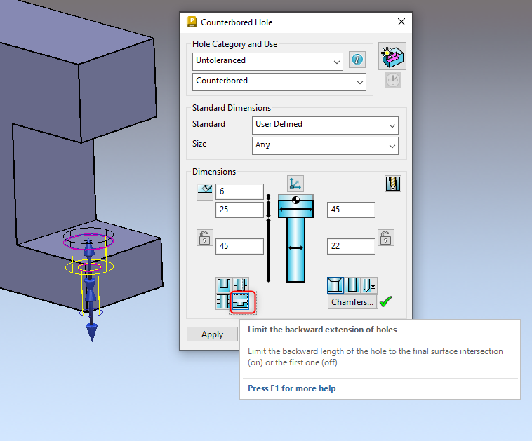 Getting incorrect "Counterbored Hole" cut through entire CAD Model in