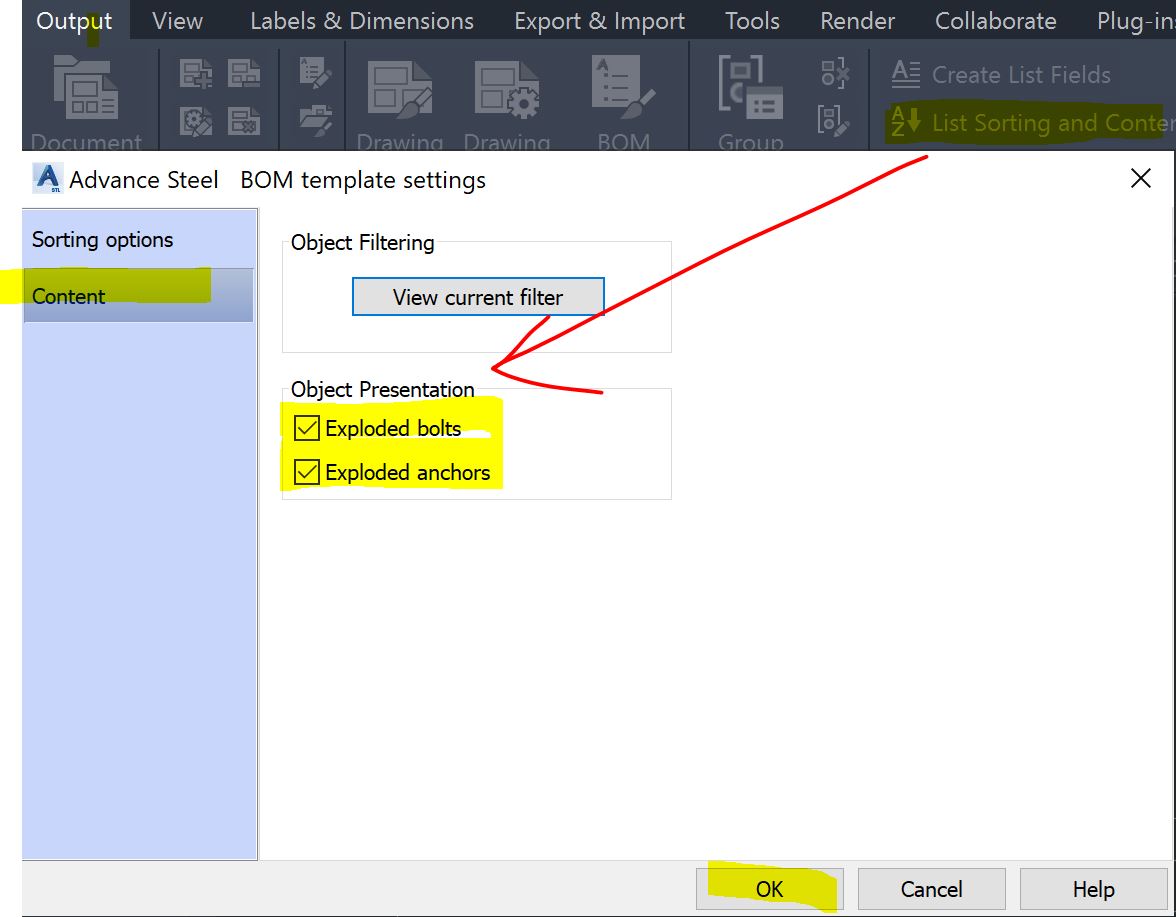 Exploded Bolt list BOM on drawings in Advance Steel