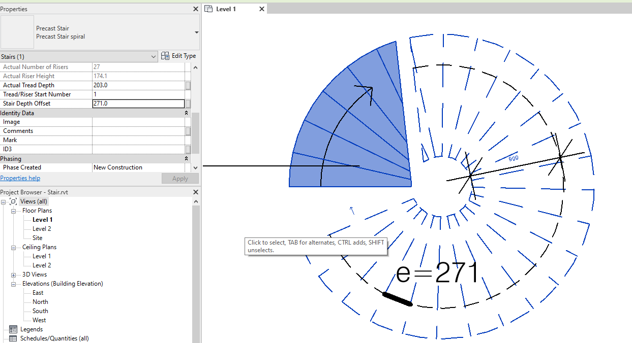 How to tag the tread depth of a spiral stair at the specified offset
