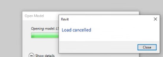尝试在 Revit 中打开特定云模型时显示“加载已取消”警告