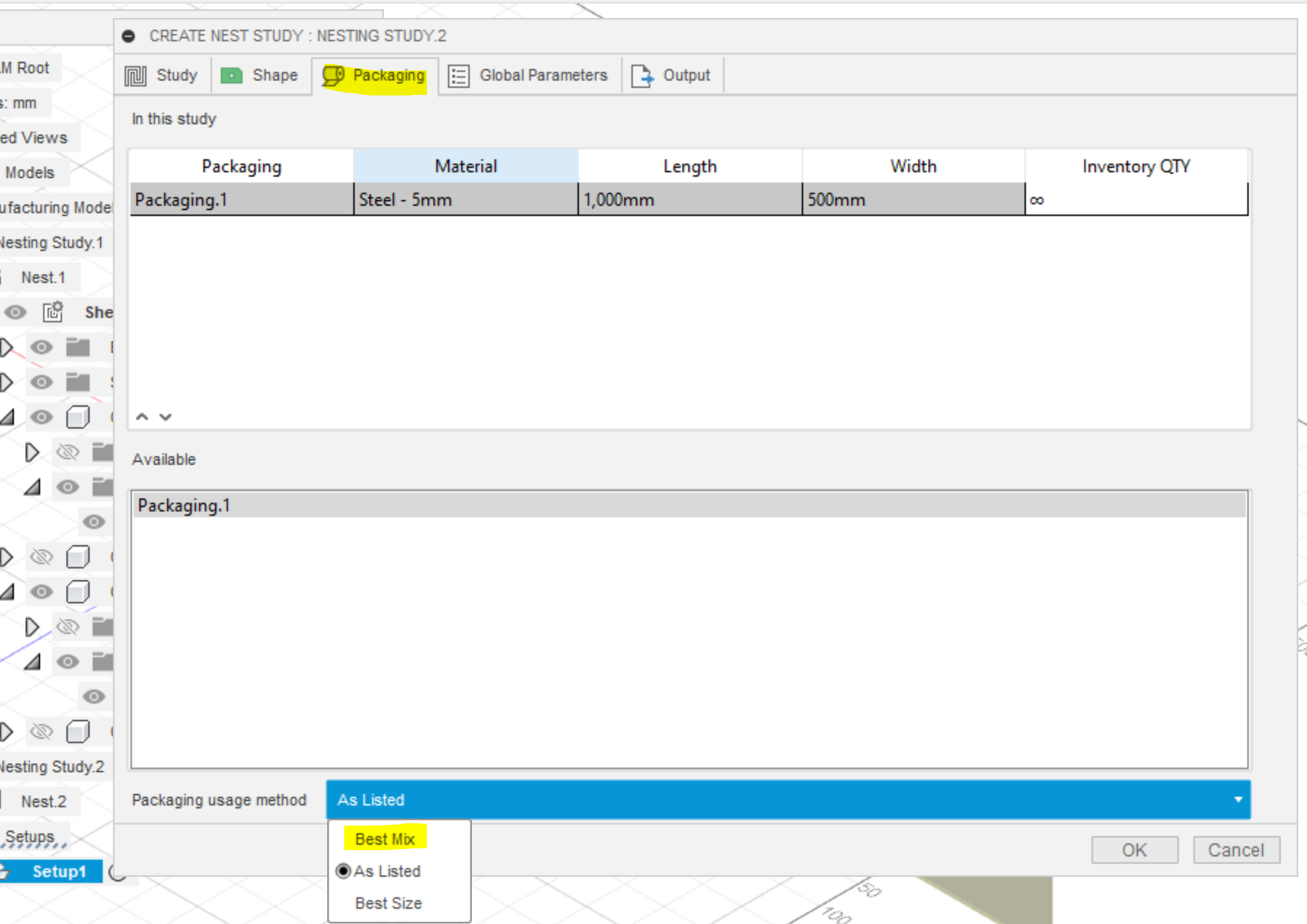 How to nest across various sheet sizes in Fusion 360