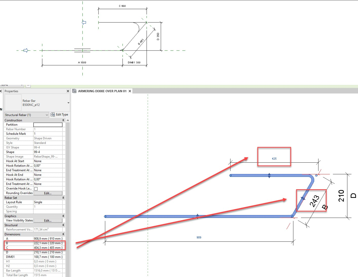 Rebar shape with wrong dimensions in Properties in Revit