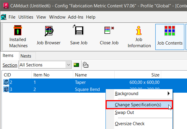 How to change Specifications on multiple items in Fabrication