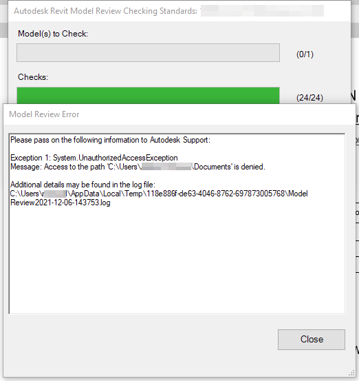 Revit에서 Model Reviewer를 변경하거나 사용할 때 권한 오류가 표시됨