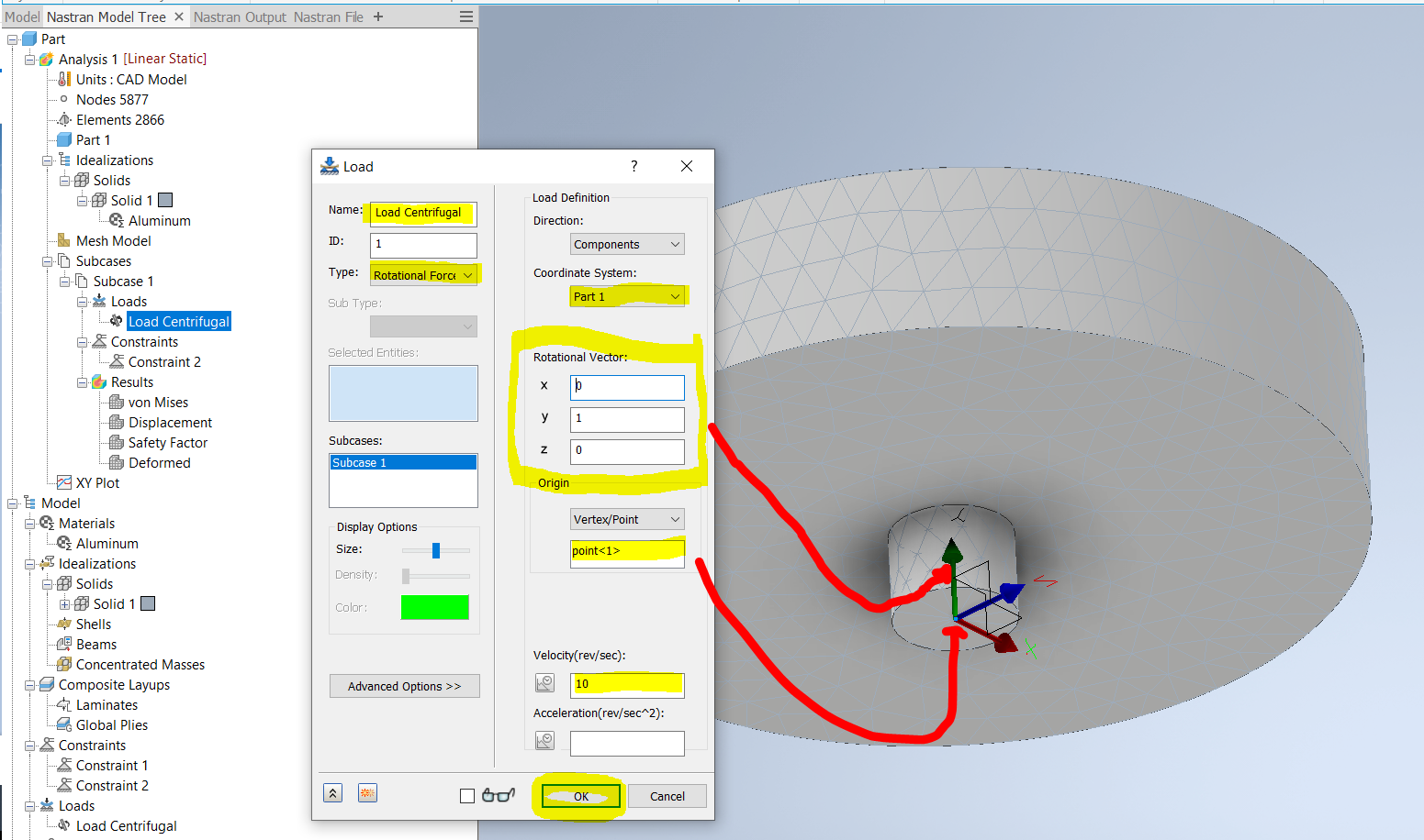 How to apply centrifugal force in Inventor Nastran