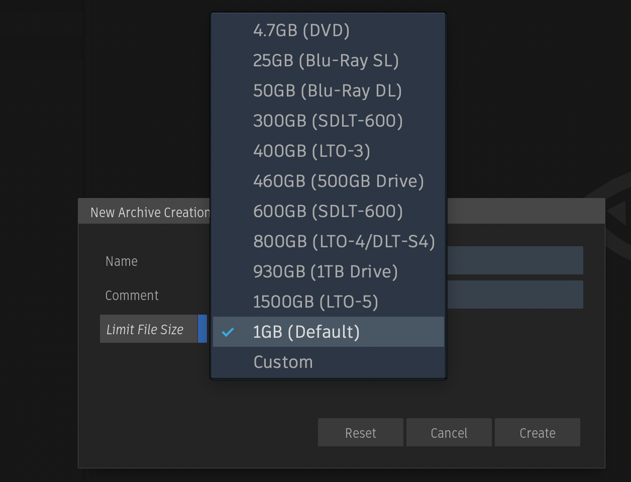 アーカイブ時のLimit File Sizeはどのサイズを選べばよいのでしょうか