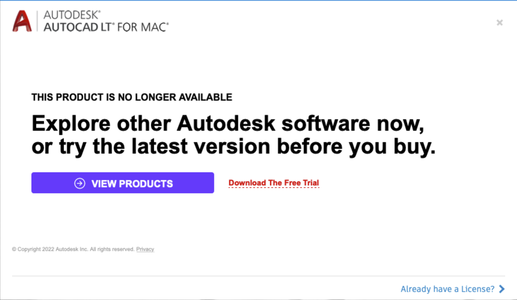 "The product is no longer available" appears when launching Autodesk