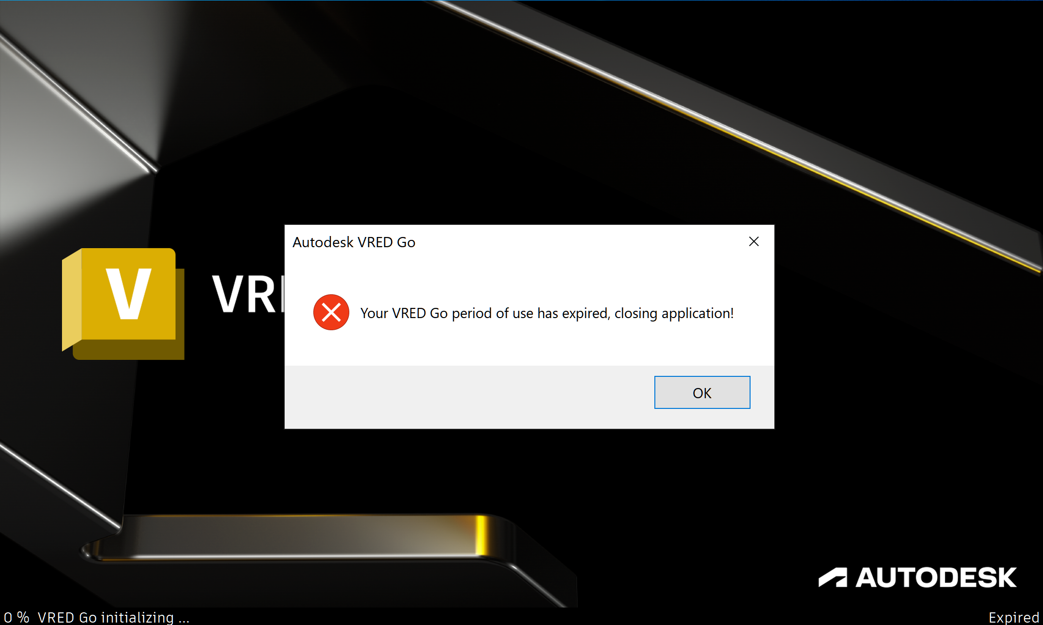 "Your VRED Go period of use has expired. closing application!"とメッセージが表示