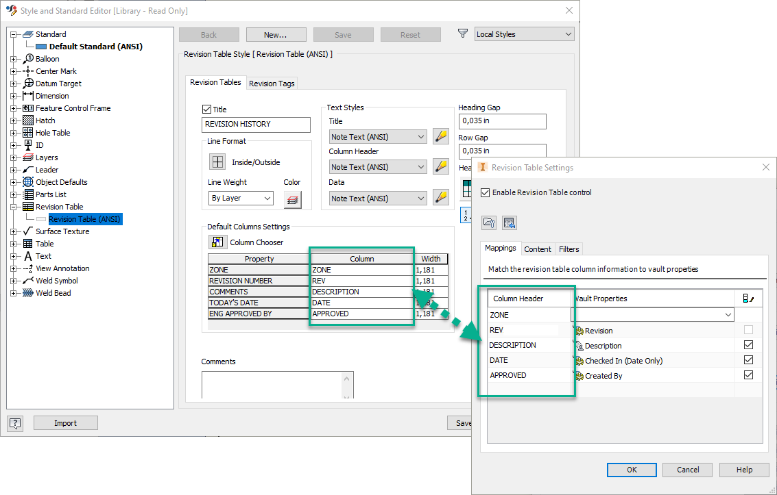 Information is not shown in specific column in Vault Revision table on a Inventor drawing