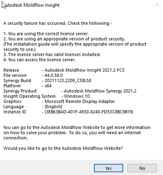 "A security failure has occurred..." when opening Moldflow 2021.1 after