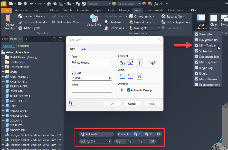 La barra de herramientas pequeña no
