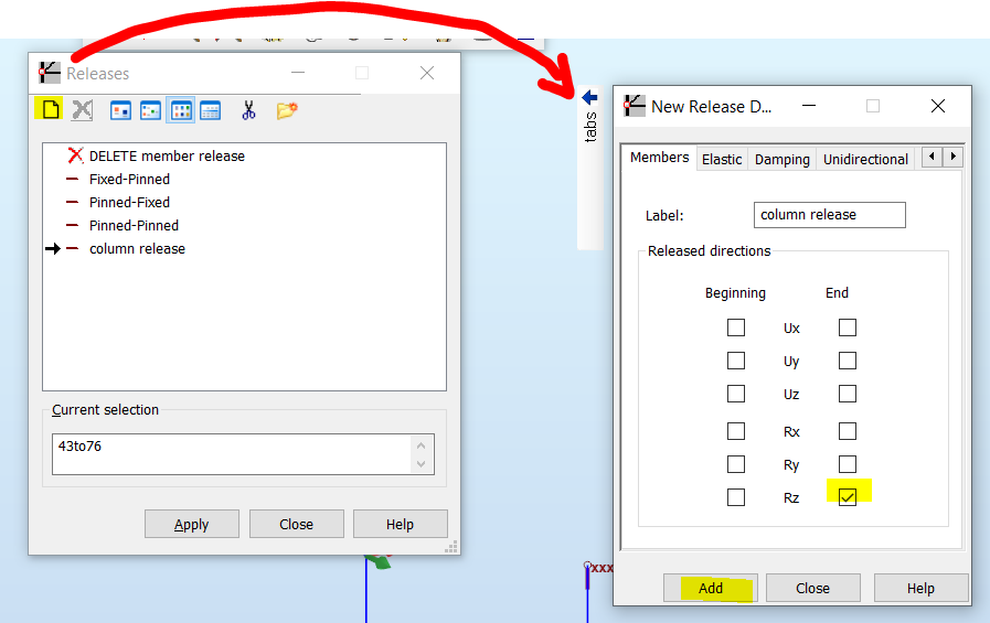 How to define releases for all columns top nodes in Robot Structural