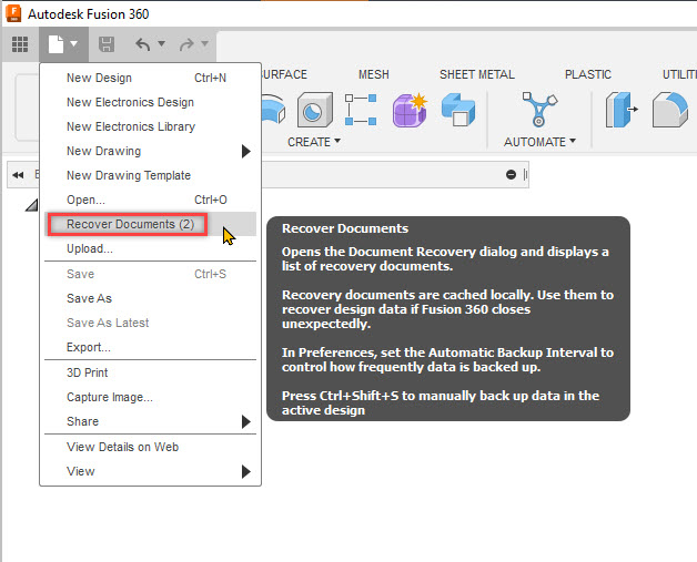 fusion 360 recovery files