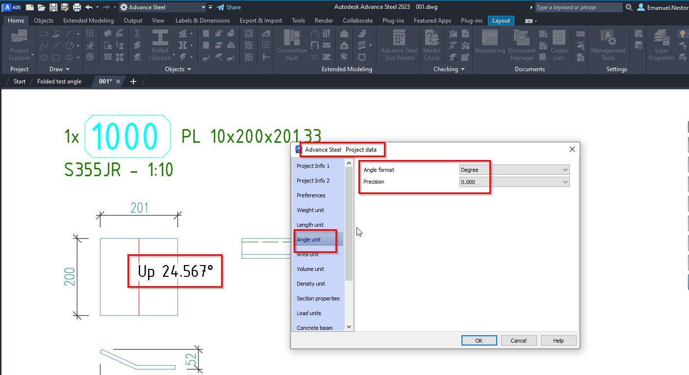 Precision of bending angle in unfolded detail drawing in Advance Steel
