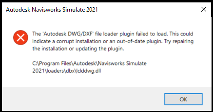 El módulo de extensión del de archivos 'Autodesk DWG/DWF' no se ha podido cargar en Navisworks Simulate o Navisworks Manage