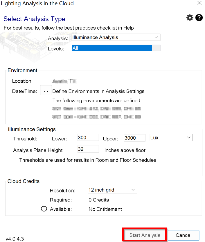 Start Analysis button is disabled when running a Lighting Analysis in Revit