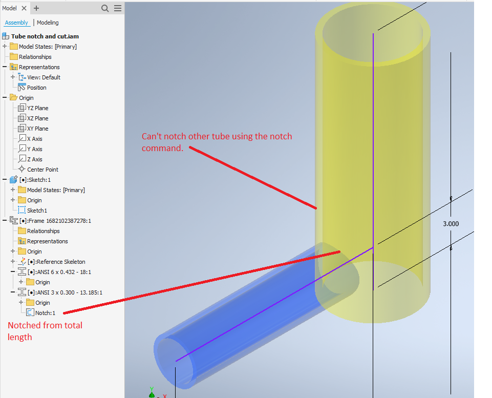 How to notch both tubes in Frame Generator of Inventor