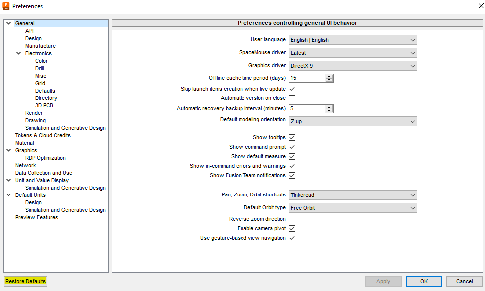 Reset to default preferences