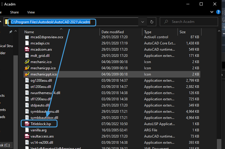 更新プログラムのタイトルと履歴リストのパスを AutoCAD Mechanical のカスタム パスにする