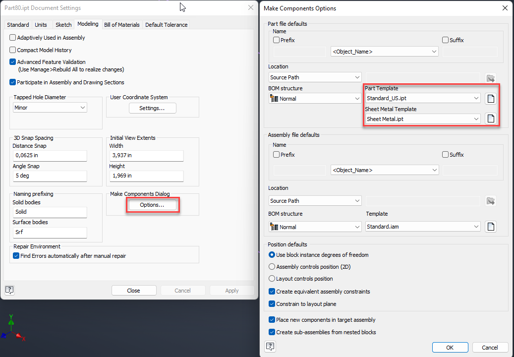 Templates available in dropdown in Make Components dialog in Inventor