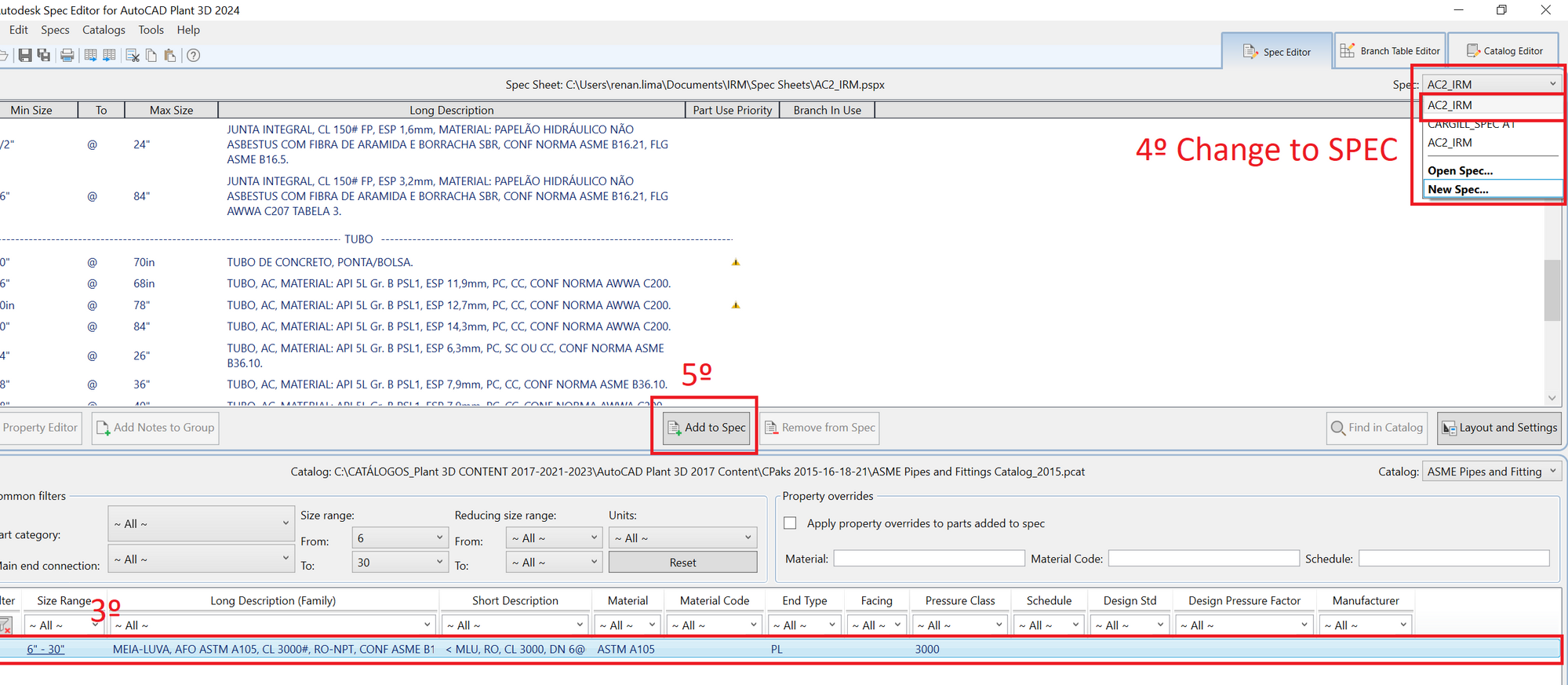 Paste functionality is grayed out in the Spec Editor in AutoCAD Plant 3D