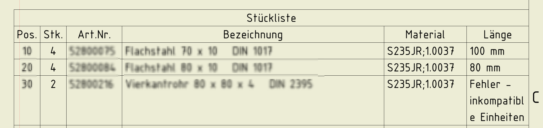 Part list in Drawing shows Incompatible units for similar length frame ...