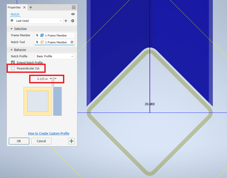 Frame Generator Notch will not allow Perpendicular cut in Inventor