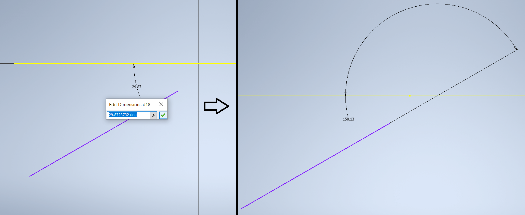 Angle dimension flips to a supplementary angle when creating a