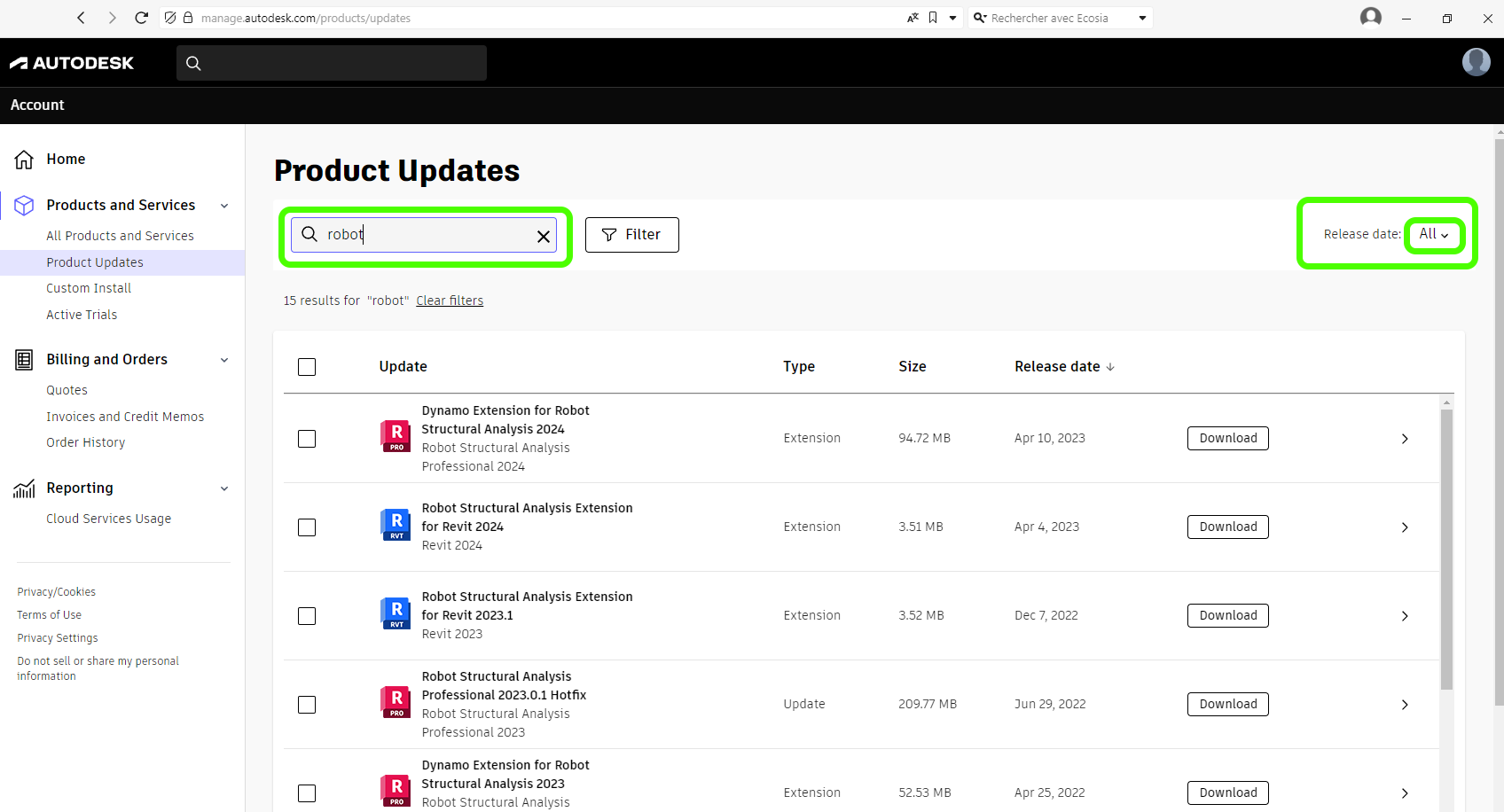 Onde posso encontrar service packs, atualizações e hotfixes para o Robot Structural Analysis