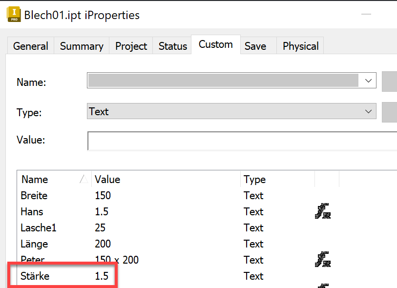Exported sheet metal thickness parameter of an Inventor iPart is shown