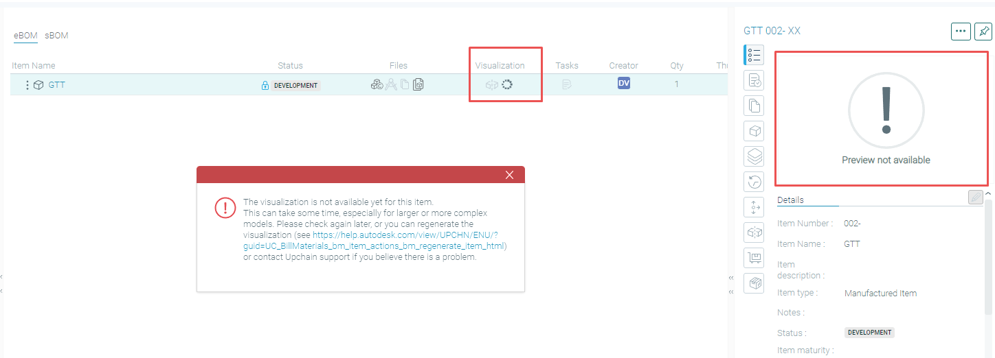 Die Meldung Die Visualisierung ist für diesen Artikel noch nicht verfügbar  wird angezeigt, und die Vorschaudateien sind für AutoCAD-Dateien nach dem  Laden von Artikeln in Upchain nicht verfügbar.