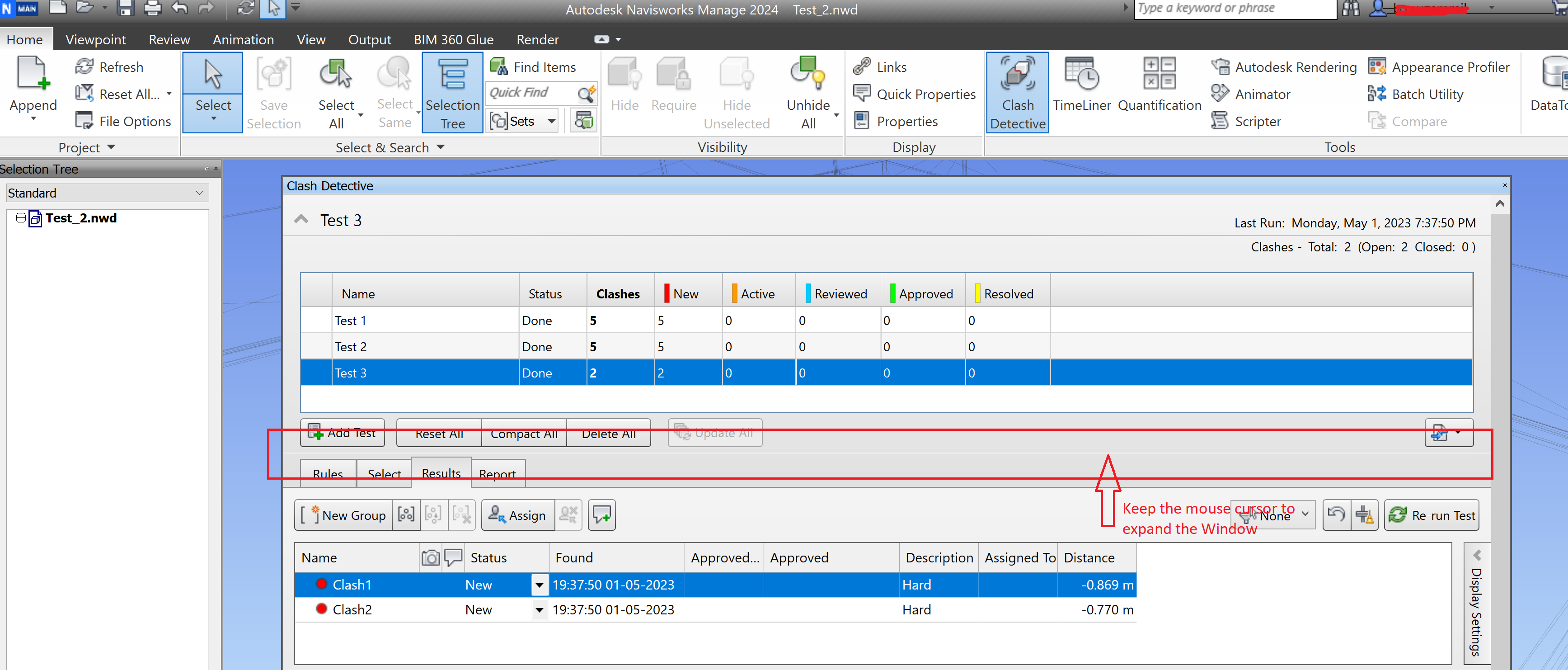 Only one clash test is visible in the Clash Detection Panel in Navisworks