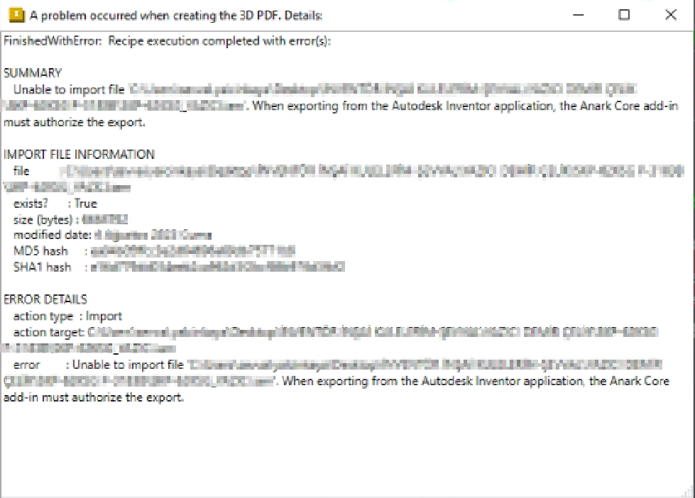 "A problem occurred when creating 3D PDF" and 3D PDF is not created ...