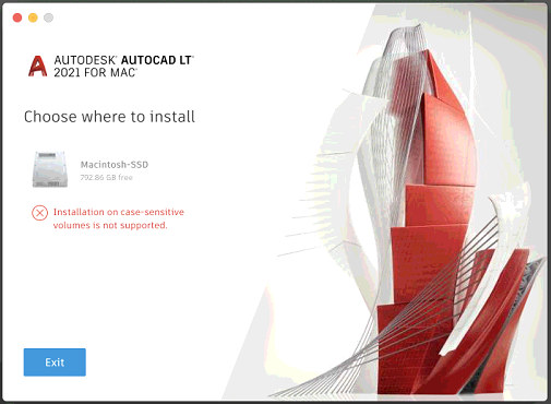 AutoCAD/AutoCAD LT for Mac 2021以降のバージョンをインストールする場合、「大文字と小文字を区別するボリュームへの インストールはサポートされていません」