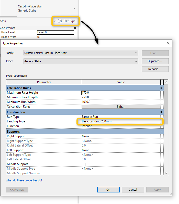 How to change Landing thickness in Revit?