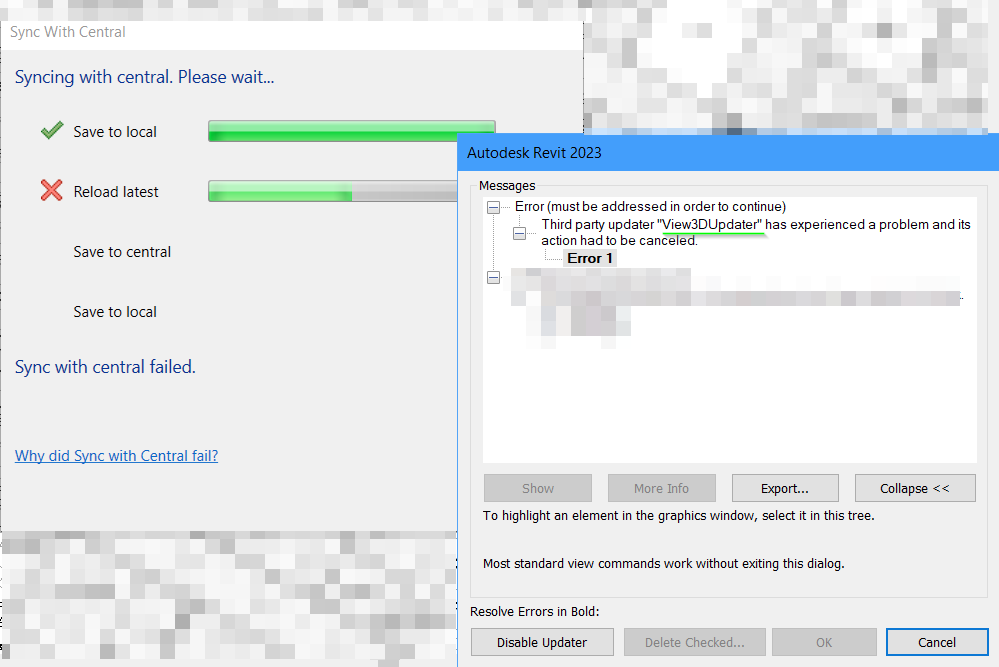 Revitで同期を実行する際に、「サードパーティのアップデータの「View3DUpdater」で問題が発生しました」