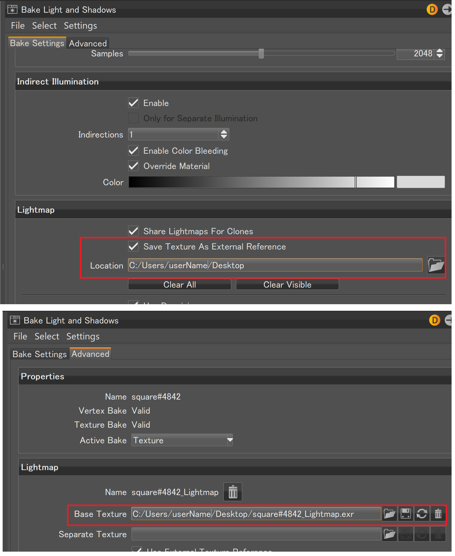 ライトとシャドウをベイク処理] で出力したテクスチャを修正するには