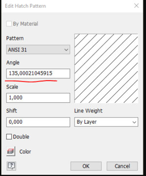 The hatch pattern angle on the drawing has a non-integer value in Inventor
